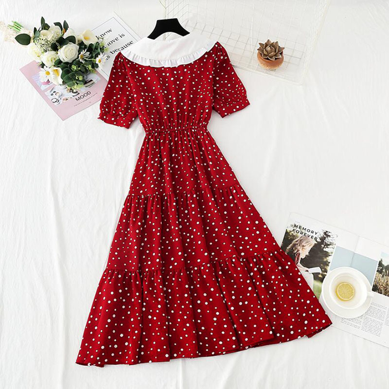 Vintage Polka Dot Print Women Dress Summer Female Elegant Short Sleeve Elastic waist Chiffon Dresses Sweet Vestidos 210521