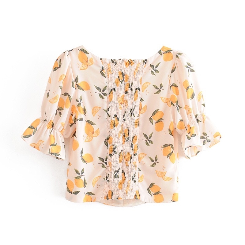 Vintage Fruit Orange Print Shirt Beige Retro Elastic Ruched Back Square Collar Short Sleeve Blouse tank top Tops 210429