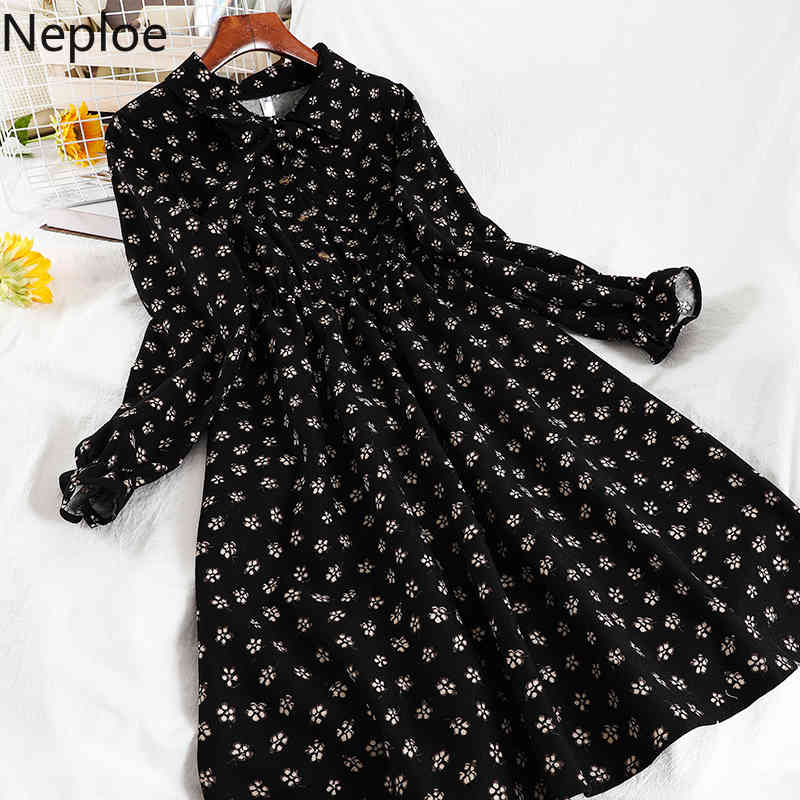 Neploe Woman Dress Autumn Winter Clothes Robe Vintage Floral Vestidos Slim Waist Temperament Chic Midi Dresses for Women 4G577 210422