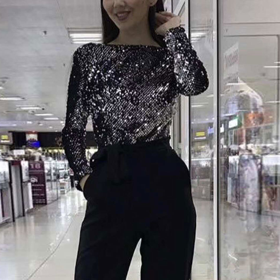 Free Fashion Shiny Sequined Blouse Women's Autumn V-neck Long Sleeve Halter Sexy Shirt Club Runway Top 210524