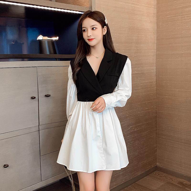 Casual Dresses 2021 Autumn French Niche Plaid A-line Waist Contrast Stitching Suit Collar Dress Long Sleeve Fashion Women