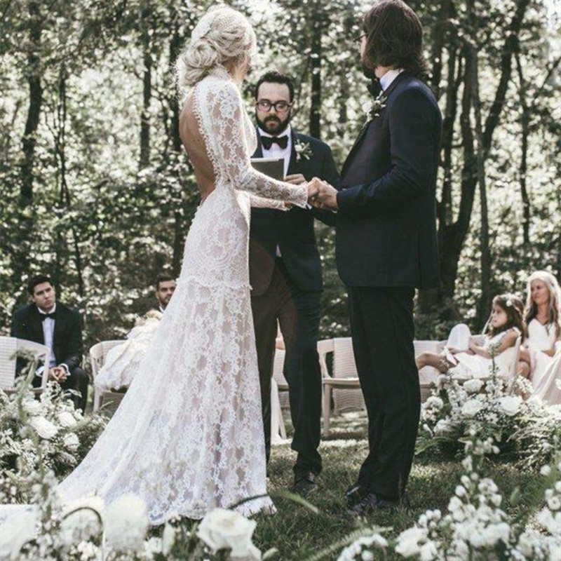 Vintage High Collar Lace Mermaid Wedding Dresses Bridal Gowns 2022 Sexy Backless Buttons Long Sleeves Boho Beach Bride Dress Custom Made