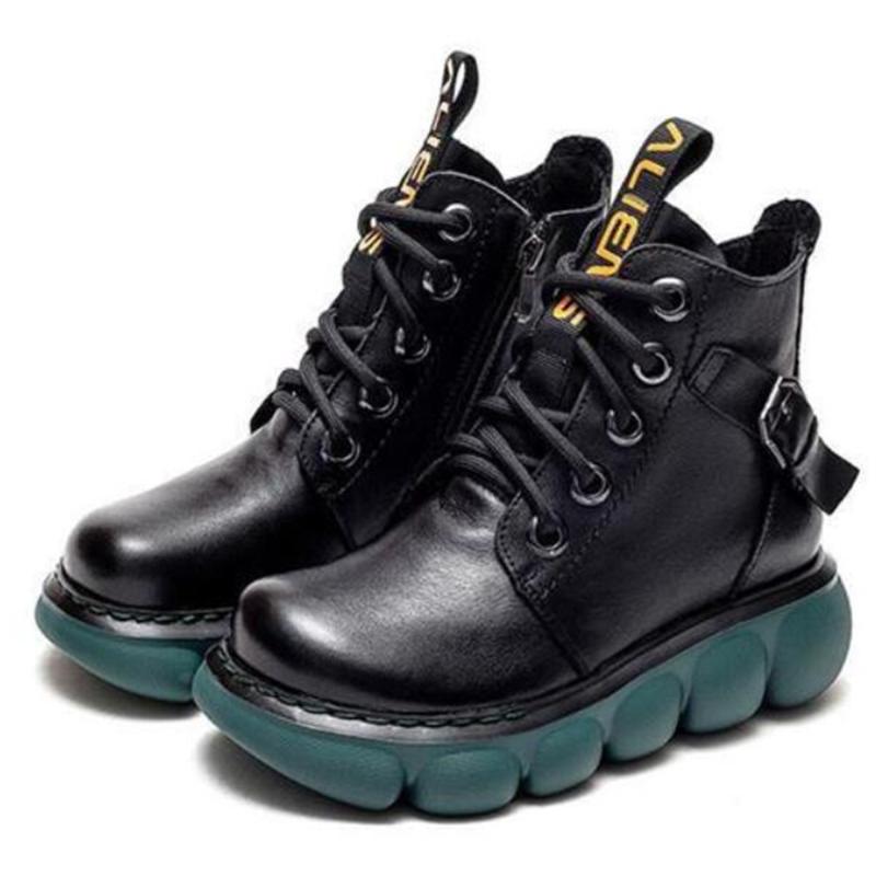 Boots Vintage Mother Wedges Genuine Leather Ankle Boot For Women Lace-Up Winter Non Slip Shoes Female Platform Fashion Buckle