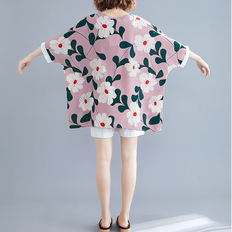 Plus Size Women T-shirt Summer Loose Batwing Sleeve Flower Print Large Tshirts Femme Vintage Casual Tops Tees Big H888 210512