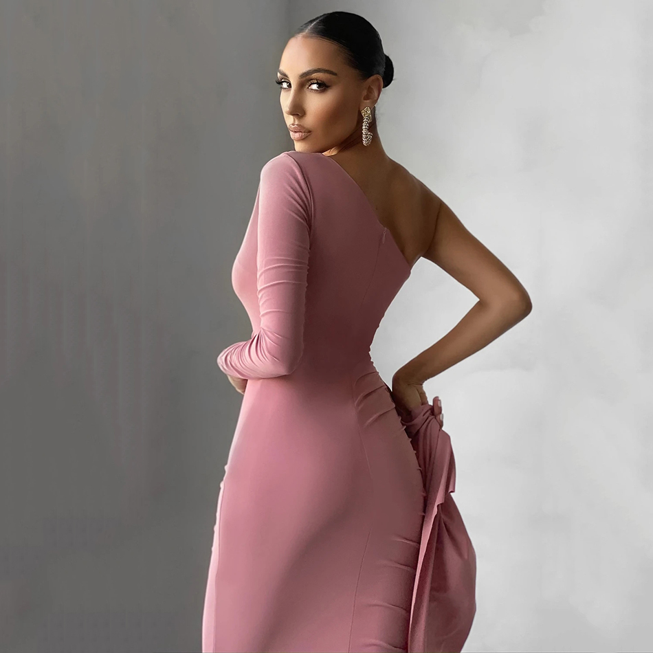 Summer Women's High Quality Pink Brown Long Sleeve One Shoulder Bodycon Ruffled Sexy Party Dress Vestidos 210525