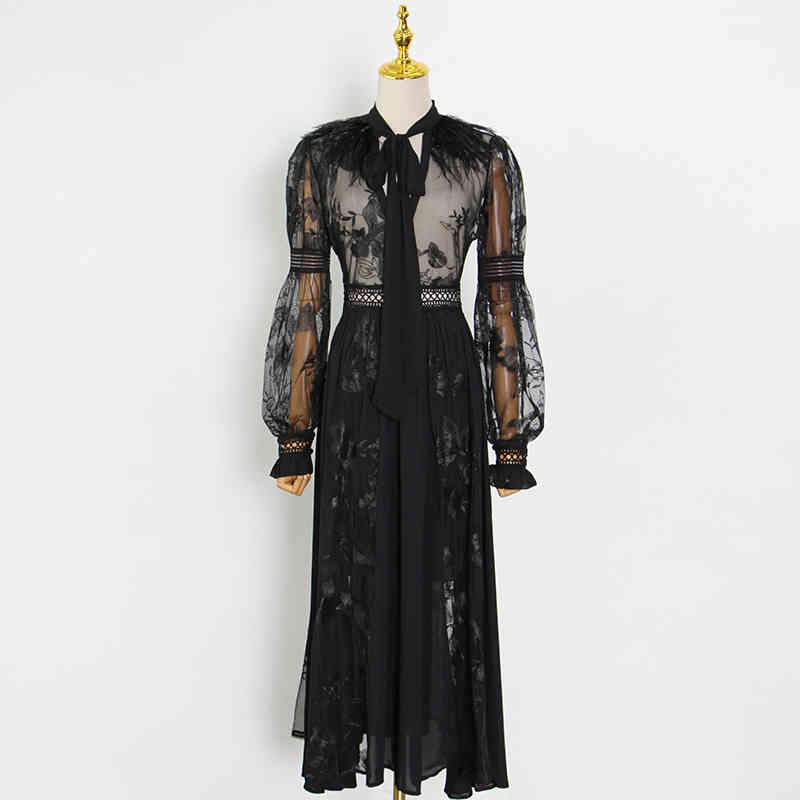 Perspective Black Dress For Women Bow Collar Lantern Long Sleeve High Waist Midi Dresses Female Spring Fashion 210520