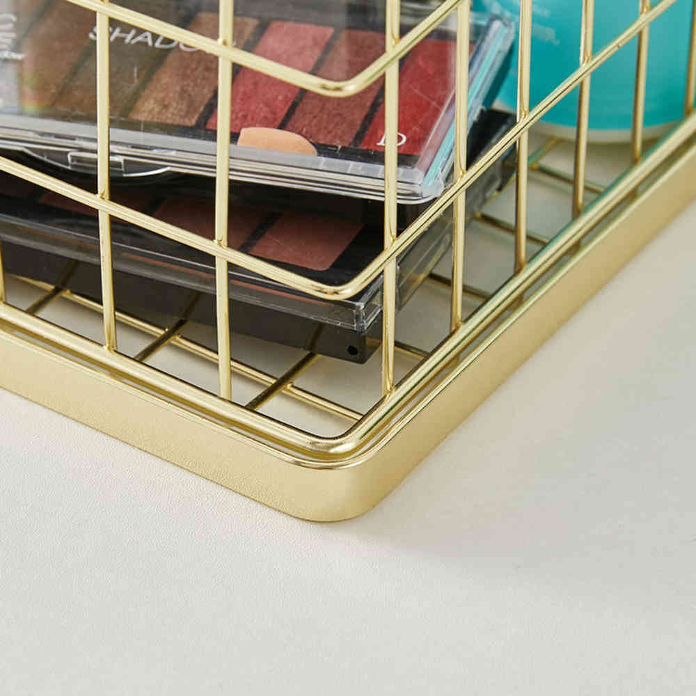 Wrought Iron Gold Storage Basket Office Desk Sundries Makeup Brushes Pen Holder Table Cosmetic Organizer Net Basket