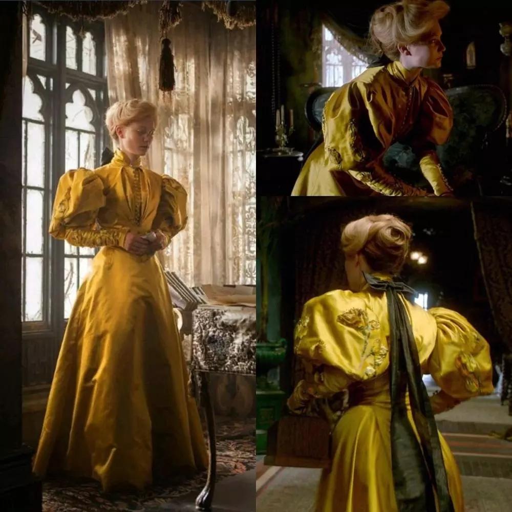 Vintage Royal Gold A Line Evening Dresses For Women Long Sleeve Puffy Crimson Peak Edwardian Historical Costume High Neck Prom Gowns Formal Occasion D