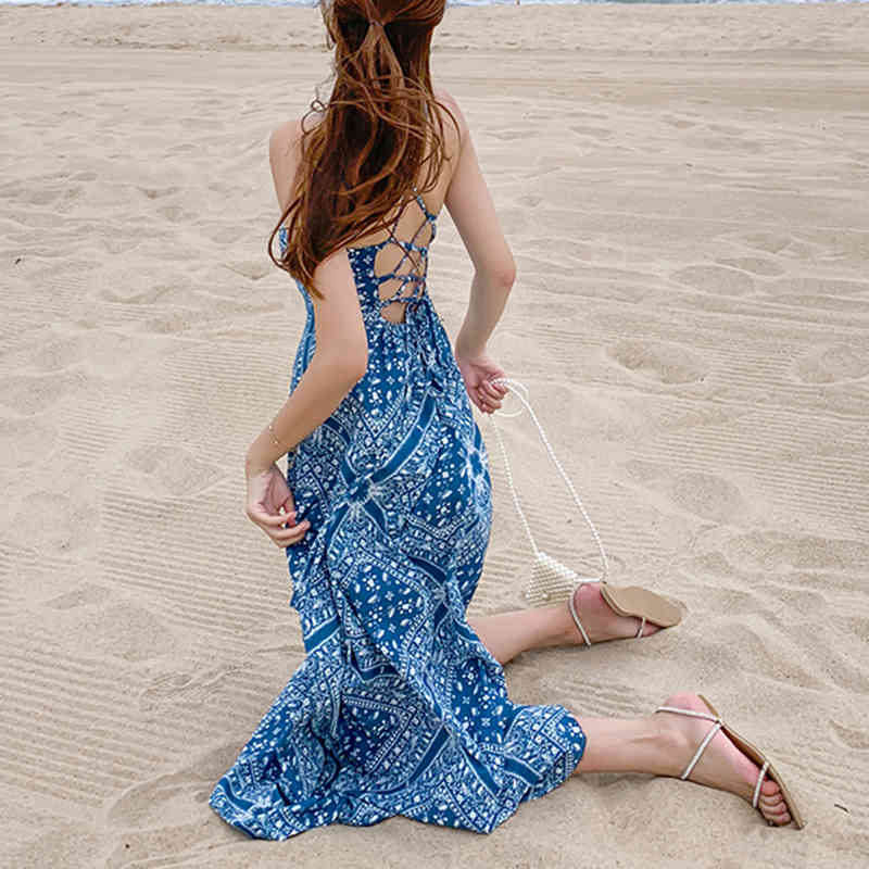 Summer Bohemian Dress Women Spaghetti Strap Sexy Beach Female Cross Bandage Holiday Print Ladies es Robe 13237 210508