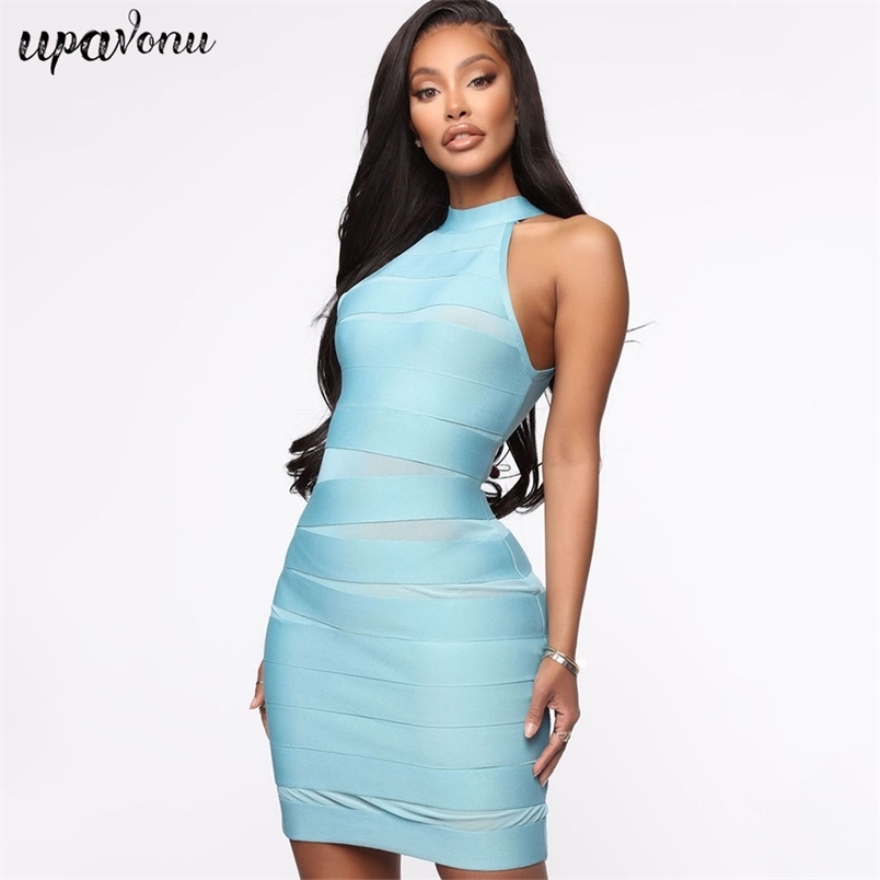 Free Chic Women's Blue Striped Bandage Dress Sexy O-neck Sleeveless Bodycon Mesh Club Party Vestidos 210524