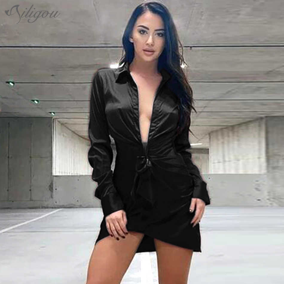 Women's Folding Mini Fashion Celebrity Satin Black Long Sleeve V-neck Birthday Club Wear Ladies Sexy Party Dress 210527