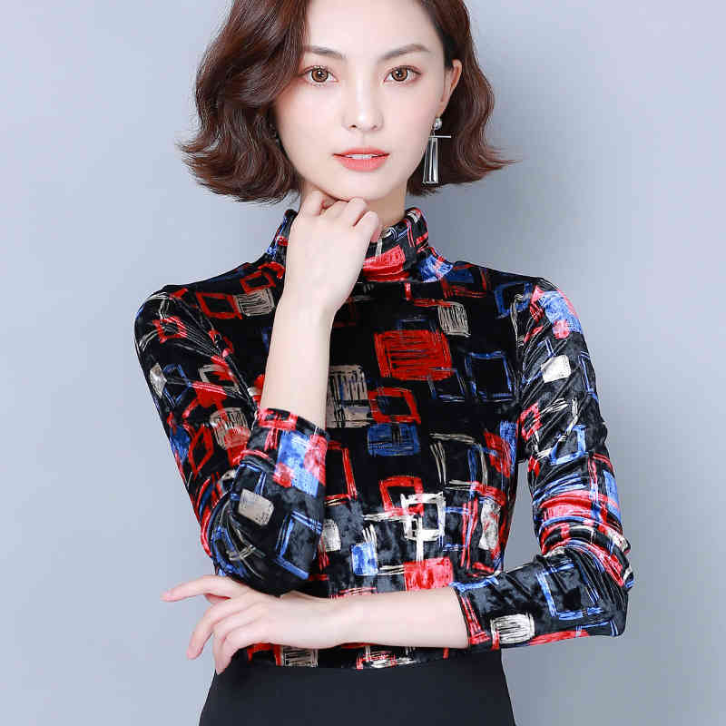 Korean Print Pullover Slim Women Shirts Autumn Fashion Long Sleeve Turtleneck Blouses Office Ladies Tops 6513 50 210506