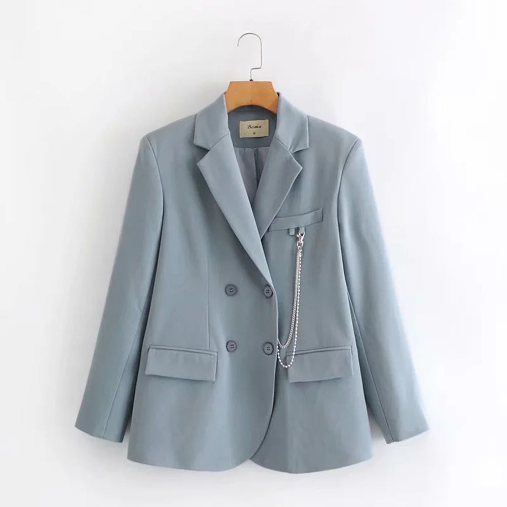 Women Elegant Blazer Chain Decorate Long Sleeve Double Breasted Coat Office Work Suit Jacket Outerwear 210520