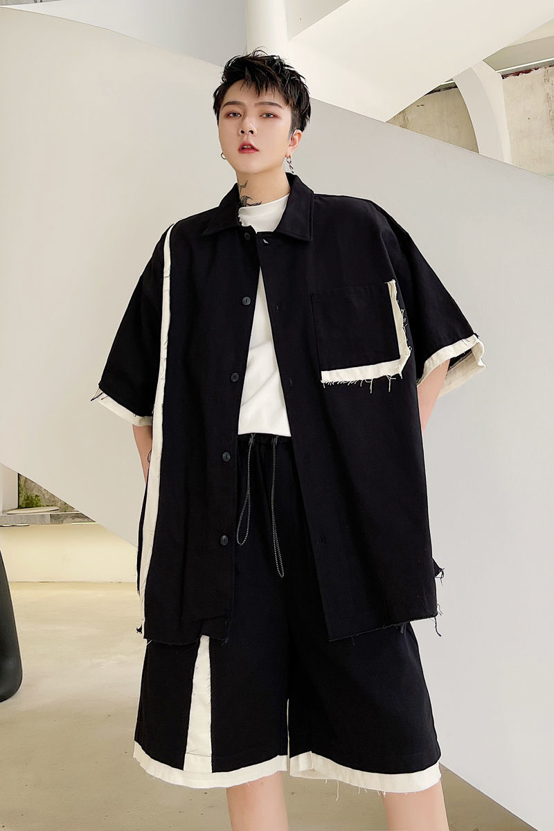 IEFB Men's Clothing Summer Structural Color Matching Loose Men's Short Sleeve Shirt Loose Oversized Black Tops 9Y6995 210524