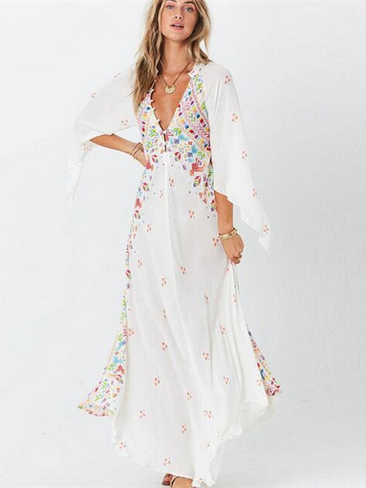Summer Dress Women 2021 Boho Floral Print Ladies Slim Maxi Flared Sleeve V-Neck Vestidos Elegant Female Casual Dresses
