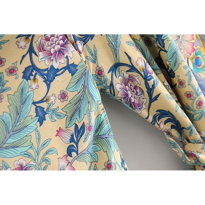 Boho Spring Summer Floral Loose Casual kimono Sleeve beach top Open Front maxi Kimono Tie Belt shirt blouse beach women 210317