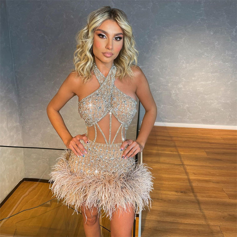Feather Glitter Tail Evening Dresses Lace Appliques Beads Sequins Halter Sleeveless Party Pageant Gowns Mini Women Prom Dress Graceful Robe De Soriee