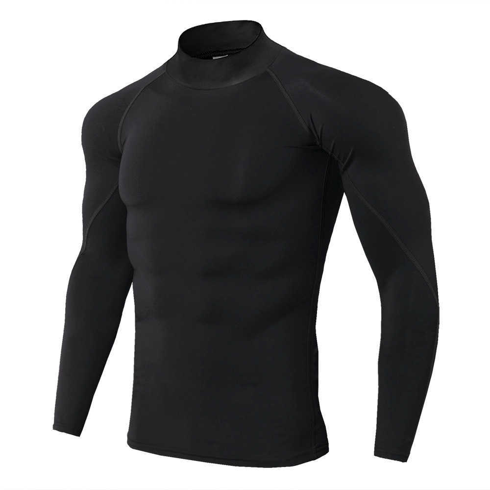 High collar Compression Shirts Men Bodybuilding Sportswear T-shirt Long Sleeve Top Gyms T Shirt Men Fitness Tight Rashgard Y0526