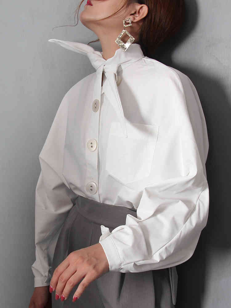 Spring White Bow Tie Collar Blouse Lantern Sleeve Loose Big Korean Women Casual Fashon Shirt FL323 210427