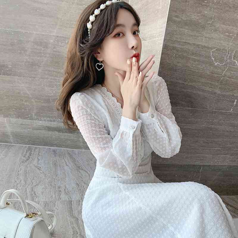 Spring And Autumn Korea Chic White Lace Dress Sexy V-Neck Sweet Slim Waist Temperament Women's Clothing 210520