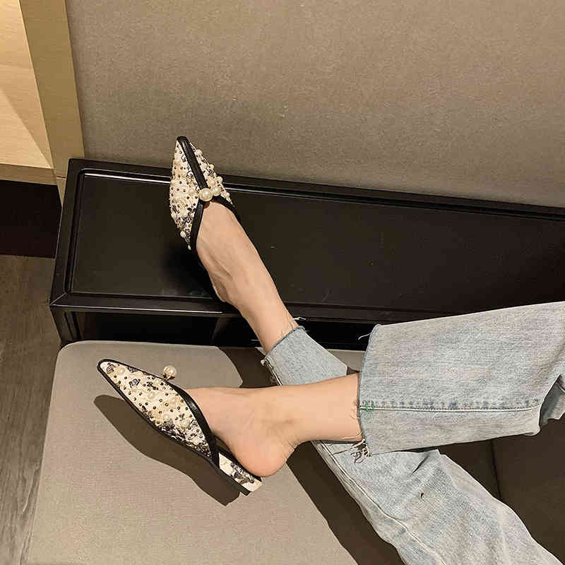 Elegant bead string women's flat sandals felt top summer Lefu slippers Lace black and white stitching lady slide