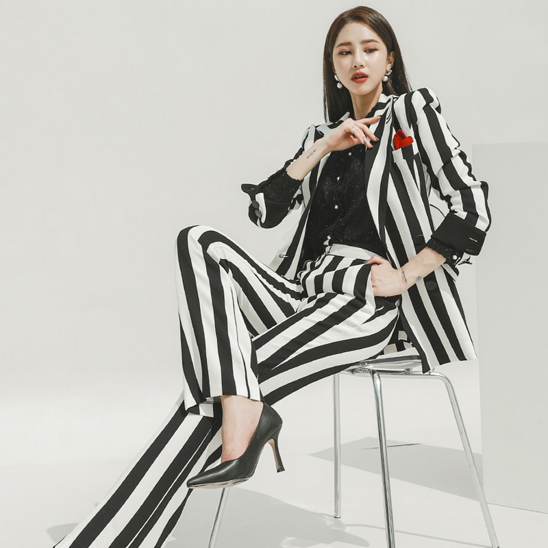 Fashion Zebra pattern Pant Suits Uniform Double Breasted Jacket and Long Blazer Set Women OL 2 Two Pieces 210506