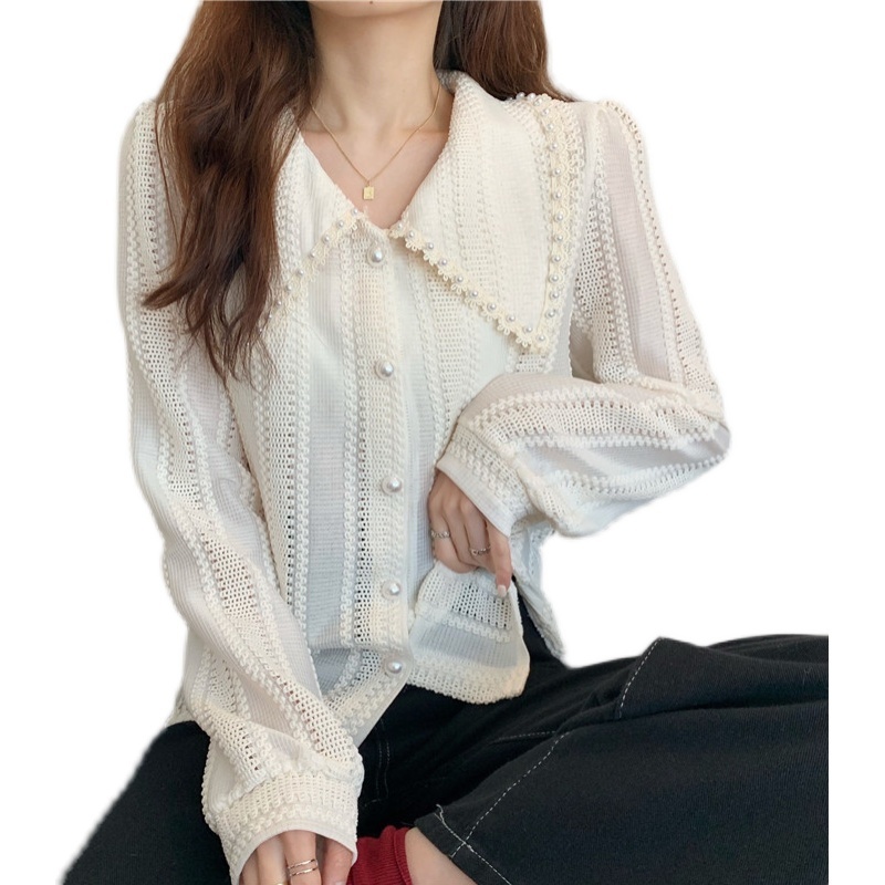 Plus Size L-4XL Spring Fashion Women Long Sleeves Peter Pan Collar Tops Shirts Elegant Lace Office Ladies Hollow Out Blouses 210515