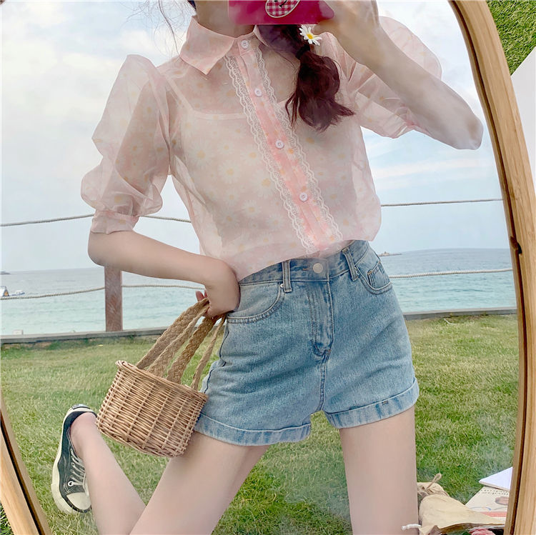 See Through Blusas Floral Print Short Puff Sleeve Blouse Women Korean Vintage Two Peices Set Shirt + Vest Summer Chic Top 210519