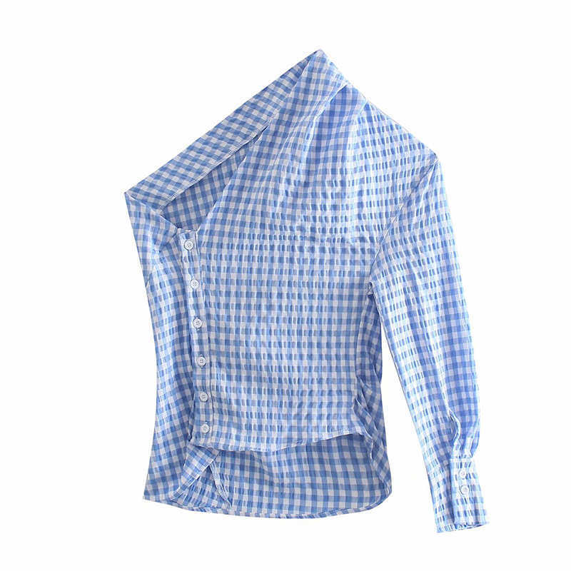 Women Stylish One Shoulder Blue Plaid Shirts Summer Fashion Ladies Vintage Slim Button Tops Y2K Girls Chic Shirt Cute 210527