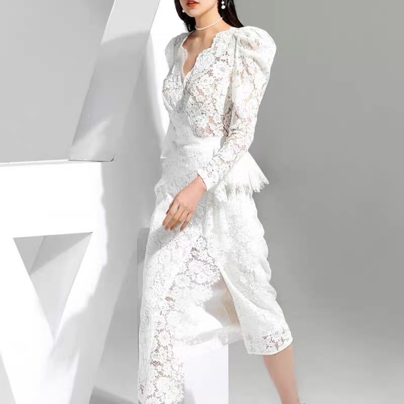 Elegant white Lace Dress For Women Sexy V-Neck Sleeveless High Waist Ruffle split Dresses Summer Chic Lady de fiesta 210421