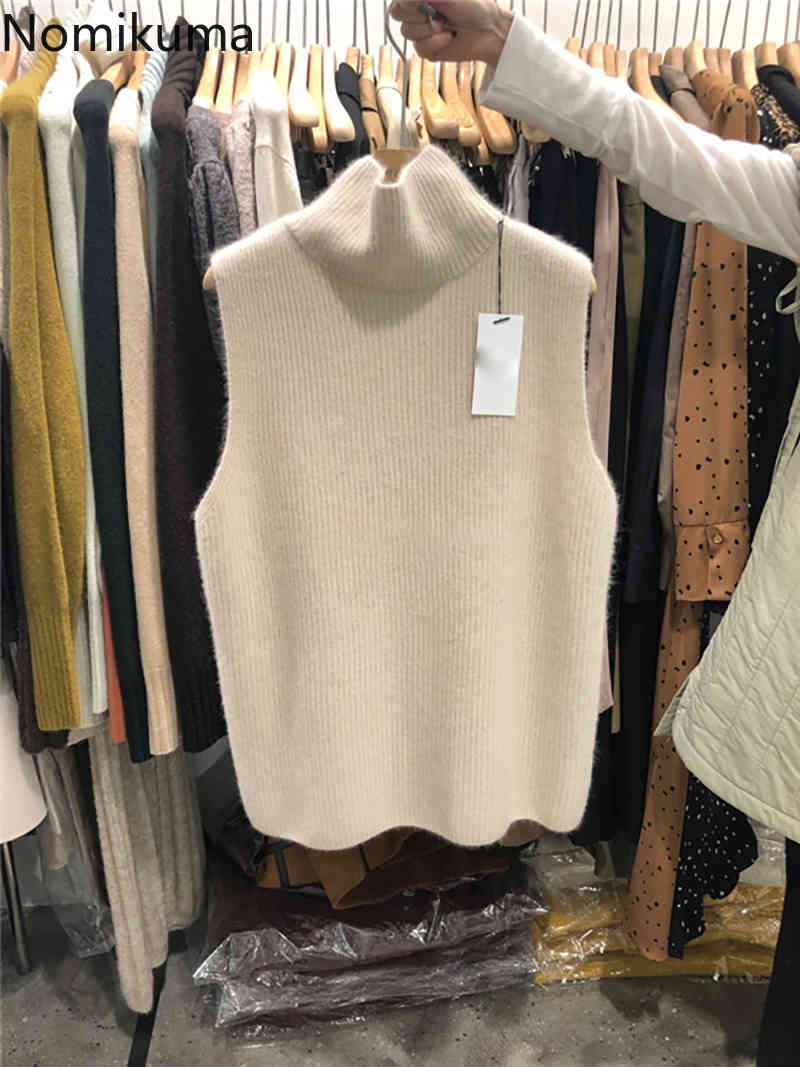 Nomikuma Elegant Turtleneck Pullover Sleeveless Sweater Causal New Knitted Tops Fashion Solid Korea Women Jumper 6D979 210427