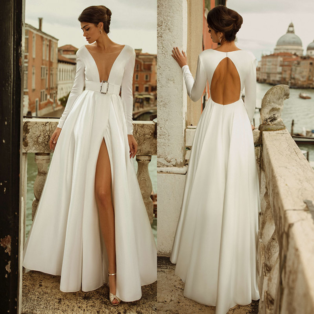 2021 Fashion Sheer V Neck A-Line Wedding Dress Sexy Slit Sashes Floor Length Long Sleeve Backless Bridal Gowns Vestido De Noiva, White
2021 Fashion Sheer V Neck A-Line Wedding Dress Sexy Slit Sashes Floor Length Long Sleeve Backless Bridal Gowns Vestido De Noiva, White