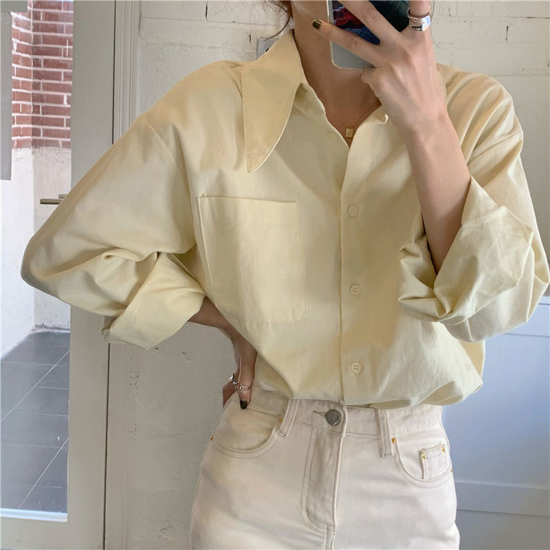 Spring Korea Fashion Women Long Sleeve Loose Green Shirts All-matched Casual Turn-down Collar Solid Blouses Tops V258 210512