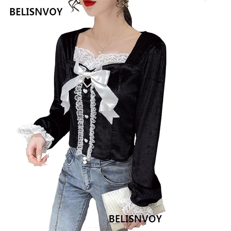 Chic Spring Autumn Women Elegant Blusas Square Collar With Lace Bow Heart Buttons Shirt Flare Sleeve Black Velvet Blouse 210520
Chic Spring Autumn Women Elegant Blusas Square Collar With Lace Bow Heart Buttons Shirt Flare Sleeve Black Velvet Blouse 210520