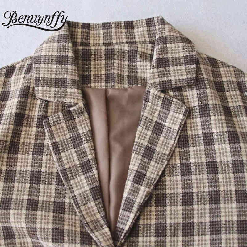 Notched Collar Single Button Plaid Tweed Blazer Women Autumn Long Sleeve Casual Office Woman Short Suit Coat 210510