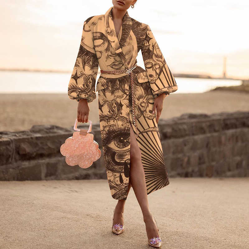 Fashion Women Winter Chic Overcoat lantern Sleeve Loose Warm Outwear Ladies Turn-down Collar Abstract Print Woolen Long Coat 210915
