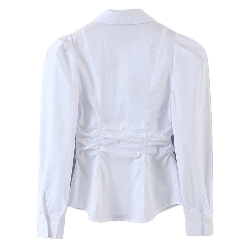 Elegant Lapel Slim Waist Pleated Ruched White Shirt Retro Woman Long sleeve OL Blouse Short Tops Blousas 210429