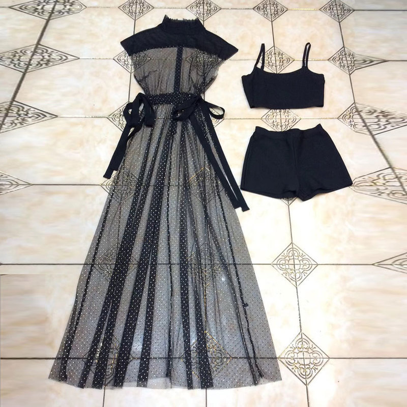 Free Sheer Dress Women's High Neck Sleeveless Mesh Polka Dot Long & Camisole Shorts Sexy 3-Piece Set 210524