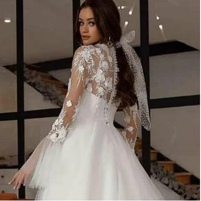Boho High Neck A Line Wedding Dress 3D Floral Appliques Ivory Tulle Long Bridal Gowns With Bell Long Sleeve Beach Bride Dresses Robe De Mariee 2022