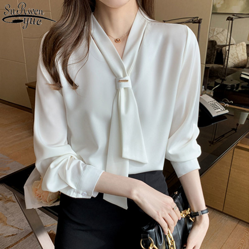 Spring Chiffon Women Blouse Fashion Office Lady Long Sleeve Solid Shirt with Tie V Neck Loose Top Female 13022 210427