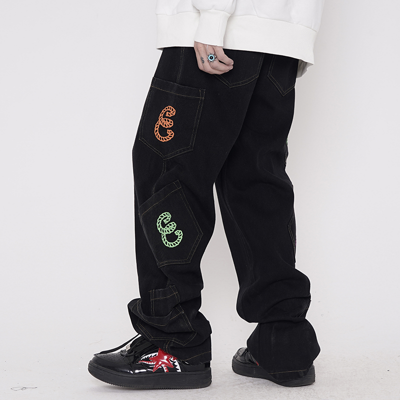 Letter Print Straight Cargo Pants for Men Oversize Jeans Trousers Streetwear Casual Denim Pants with Pockets