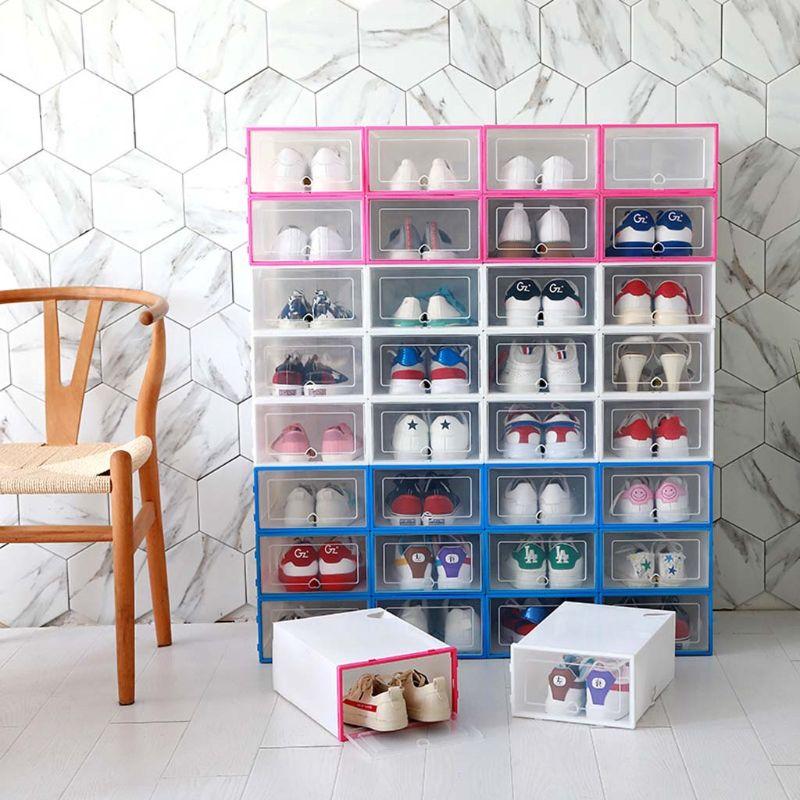 6Pcs Plastic Shoe Box Stackable Foldable Organizer Drawer Storage Case With Flipping Clear Door Ladies Men 31.5x21.5x12.5cm Clothing & Wardr