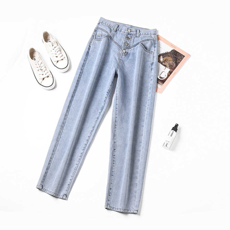 Single-breasted Button Jeans Women Summer Fashion High Waist Pencil Pants Girls Harajuku Loose Causal Street Wear Denim 210601