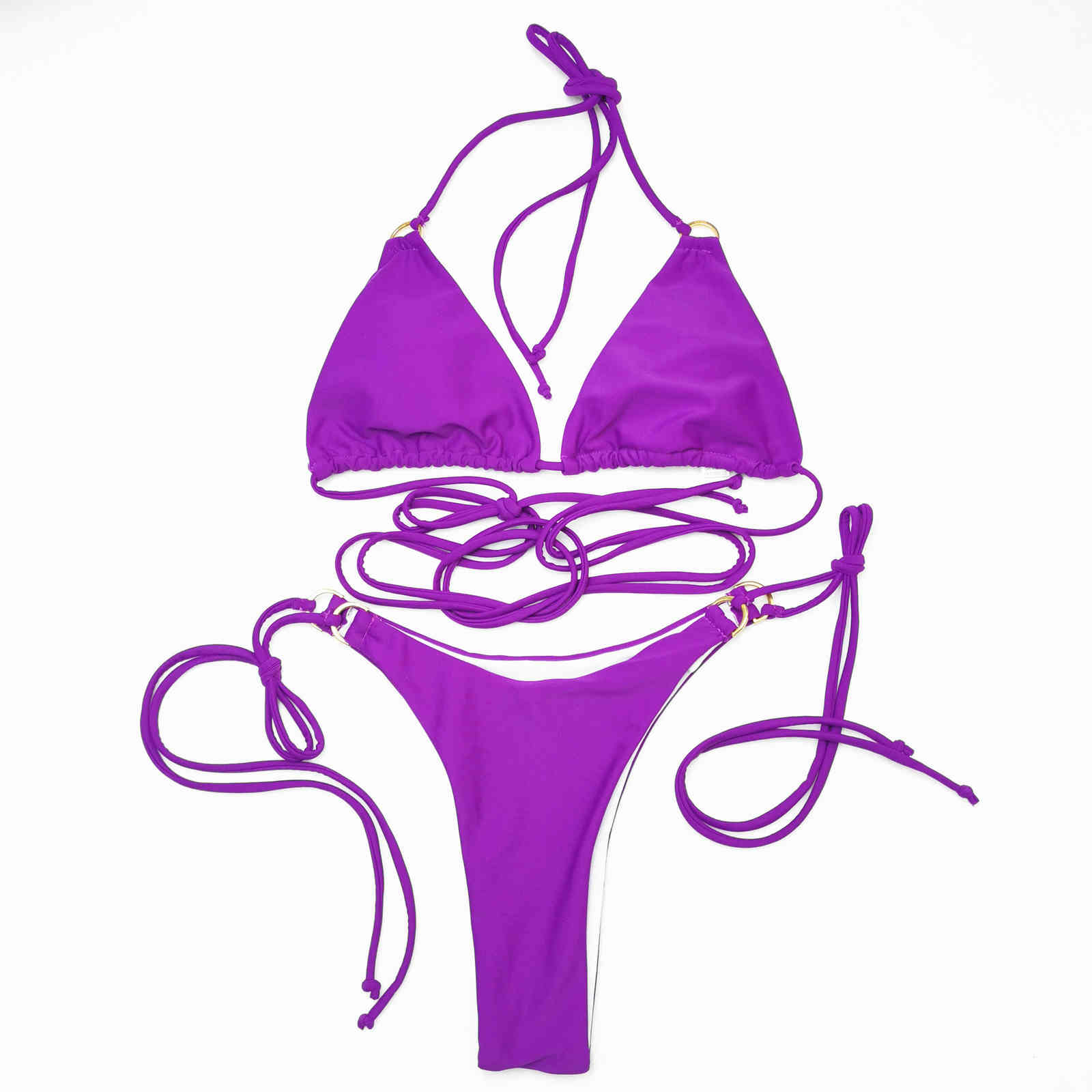 Bandages Bikini Set Swimsuits Thong Ring Swimwear Women Neon Biquini Bathing Suits Brazilian Bikinis Purple Bathers 210520