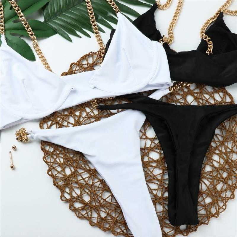 Colysmo Underwire Micro Bikini Set Sexy Swimsuit Women Chic Metal Chain Brazilian Biquini Black Swimming Suit For 210527