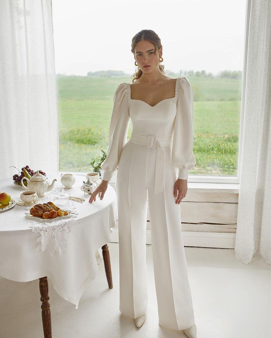 Squre Neck Wedding Jumpsuit with Long Sleeve Modest Beach Bohemian Outdoor Bridal Dress Pant Suit vestidos para boda de dia