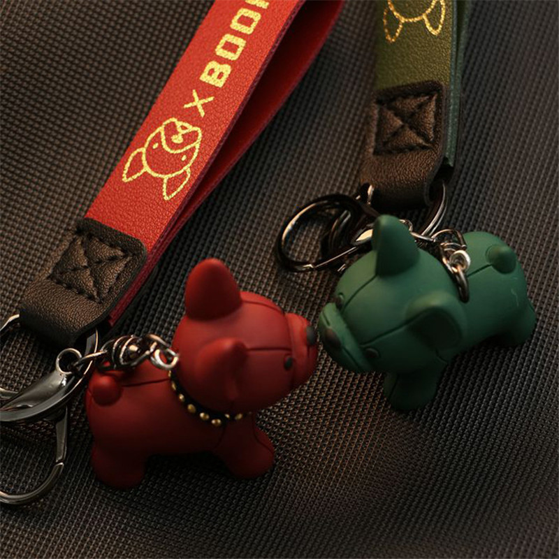 Punk French Bulldog Keychain Jewelry PU Leather Dog Keychains for Women Bag Pendant Trinket Men's Car KeyRing Key Chain