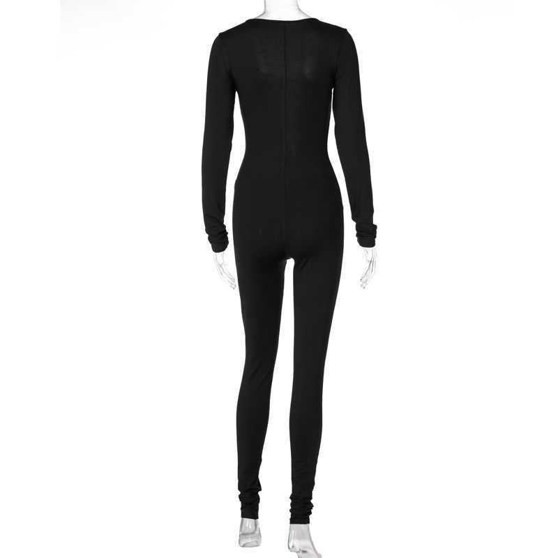 Colysmo Fall Black Jumpsuit Sexy Deep V Neck Chain Cut out Playsuit Slim Fit Long Sleeve Outfit Women Sports Wear 210527
