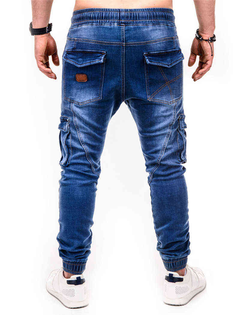 Blue Vintage Man Jeans Business Casual Classic Style Denim Male Cargo Pants More Pockets Frenum Ankle Banded Casual Pants S-3XL 211120