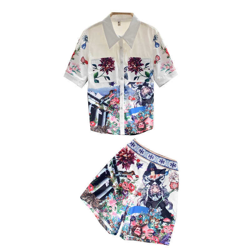 DEAT Women Lapel Short Shirt Printing Shorts Arrivals Two Piece Set Fashion Temperament Spring Summer 11D1567 210709